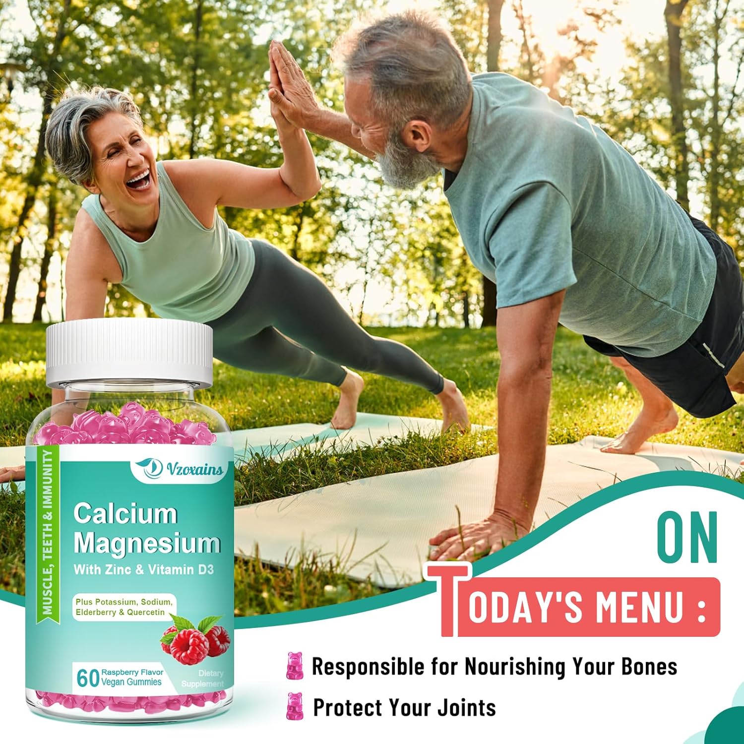Sugar-Free Vegan Calcium Magnesium Zinc Gummies with Vitamin D3 for Bone Health - Raspberry Flavor, 120 Count
