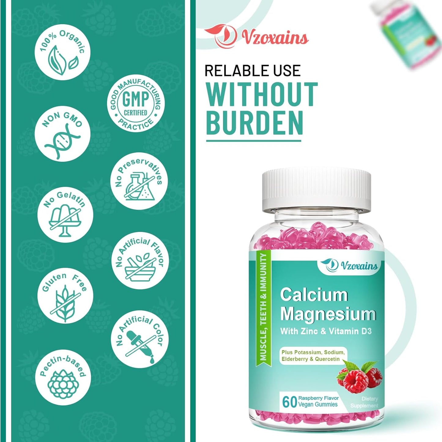 Sugar-Free Vegan Calcium Magnesium Zinc Gummies with Vitamin D3 for Bone Health - Raspberry Flavor, 120 Count