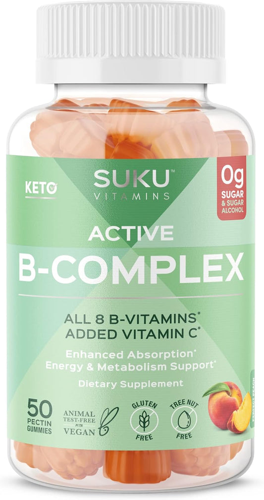 Sugar Free Vegan Vitamin B Complex Gummies with Vitamin C - Peach Flavour - 50 Gummies - Boosts Cell Development & Metabolism