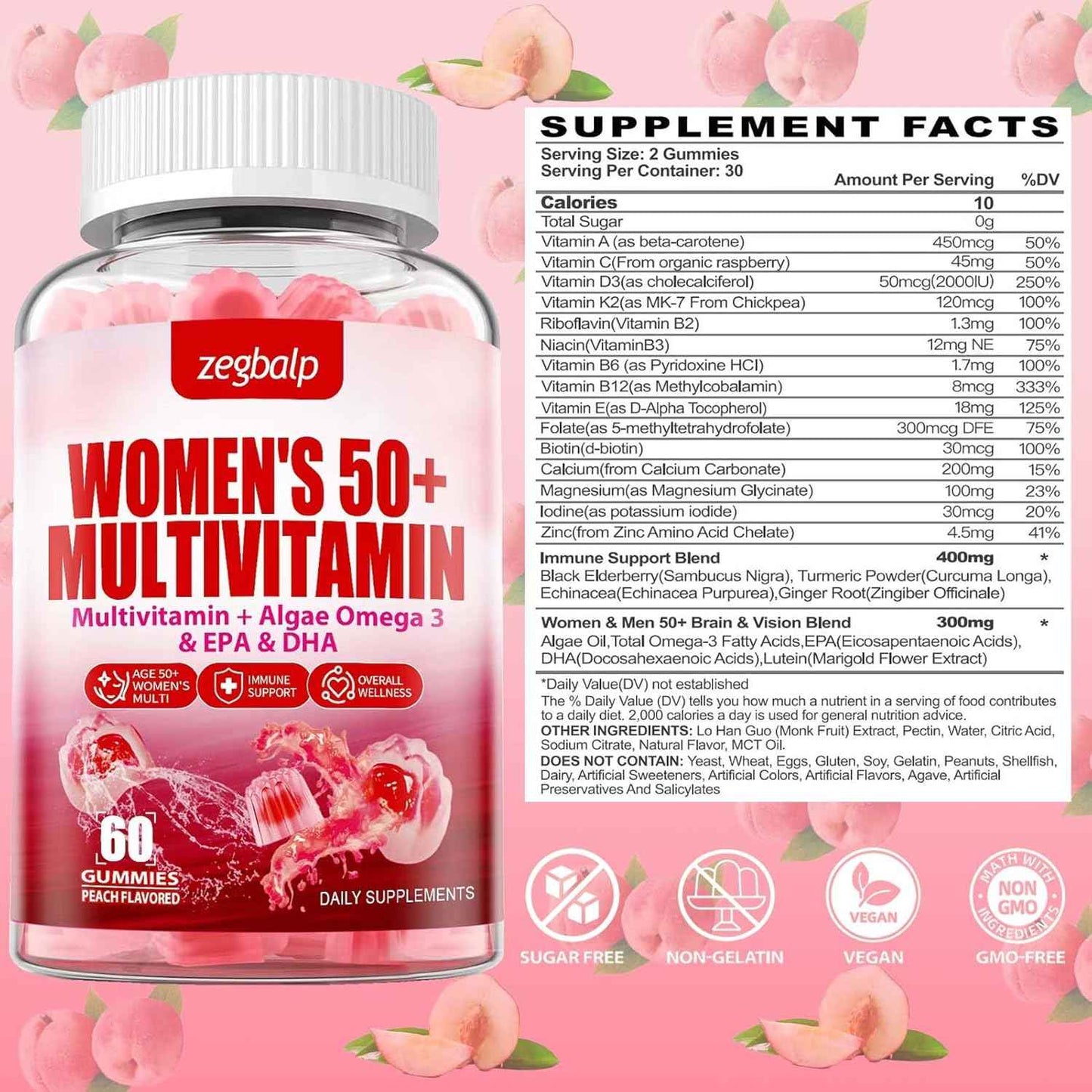 Sugar-Free Womens Multivitamin 50 Plus Gummies with Calcium, Magnesium, Zinc, Vitamin A, C, D3, E, K2, B Complex, Folate, Biotin - Multi Vitamins & Minerals for Skin, Energy, Immune Support
