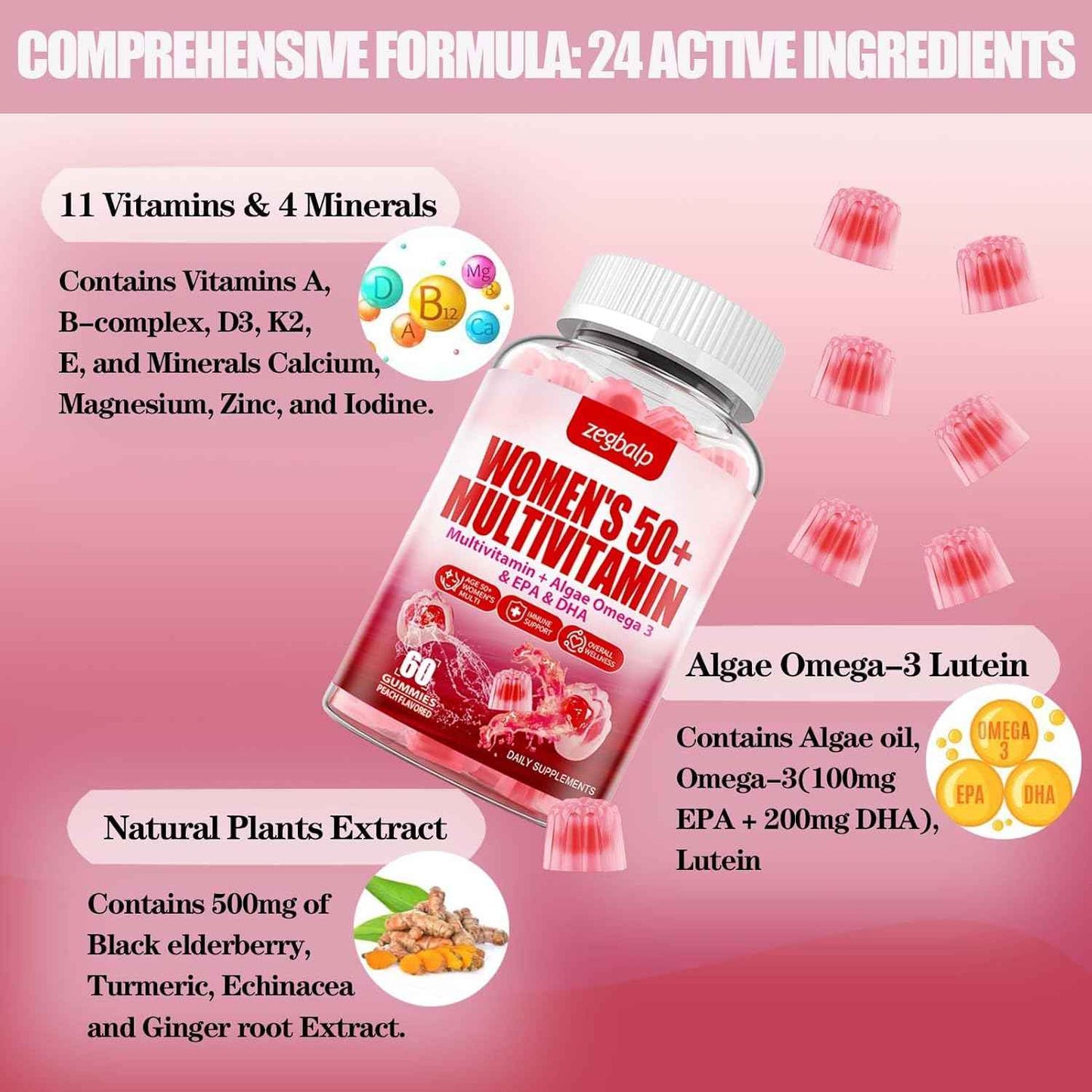 Sugar-Free Womens Multivitamin 50 Plus Gummies with Calcium, Magnesium, Zinc, Vitamin A, C, D3, E, K2, B Complex, Folate, Biotin - Multi Vitamins & Minerals for Skin, Energy, Immune Support