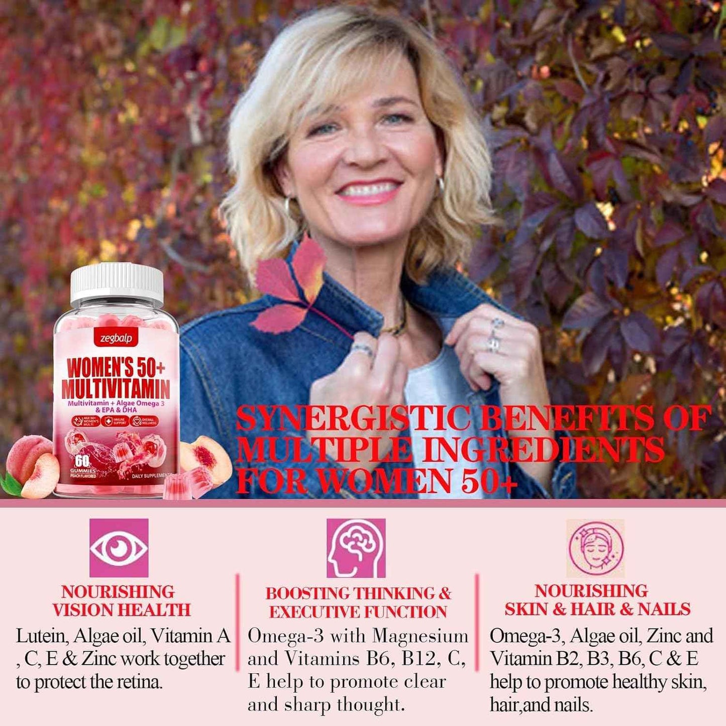 Sugar-Free Womens Multivitamin 50 Plus Gummies with Calcium, Magnesium, Zinc, Vitamin A, C, D3, E, K2, B Complex, Folate, Biotin - Multi Vitamins & Minerals for Skin, Energy, Immune Support