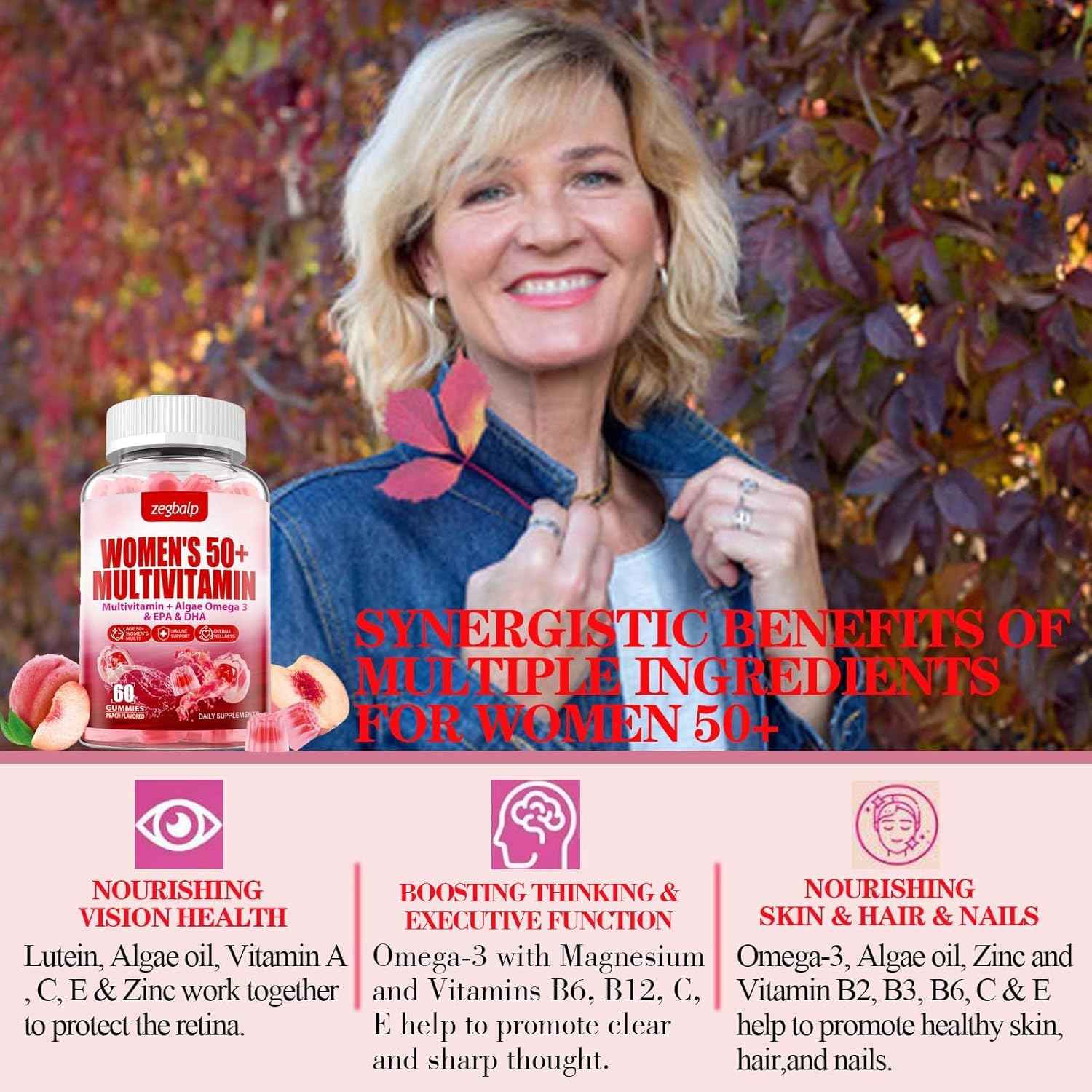 Sugar-Free Womens Multivitamin 50 Plus Gummies with Calcium, Magnesium, Zinc, Vitamin A, C, D3, E, K2, B Complex, Folate, Biotin - Multi Vitamins & Minerals for Skin, Energy, Immune Support