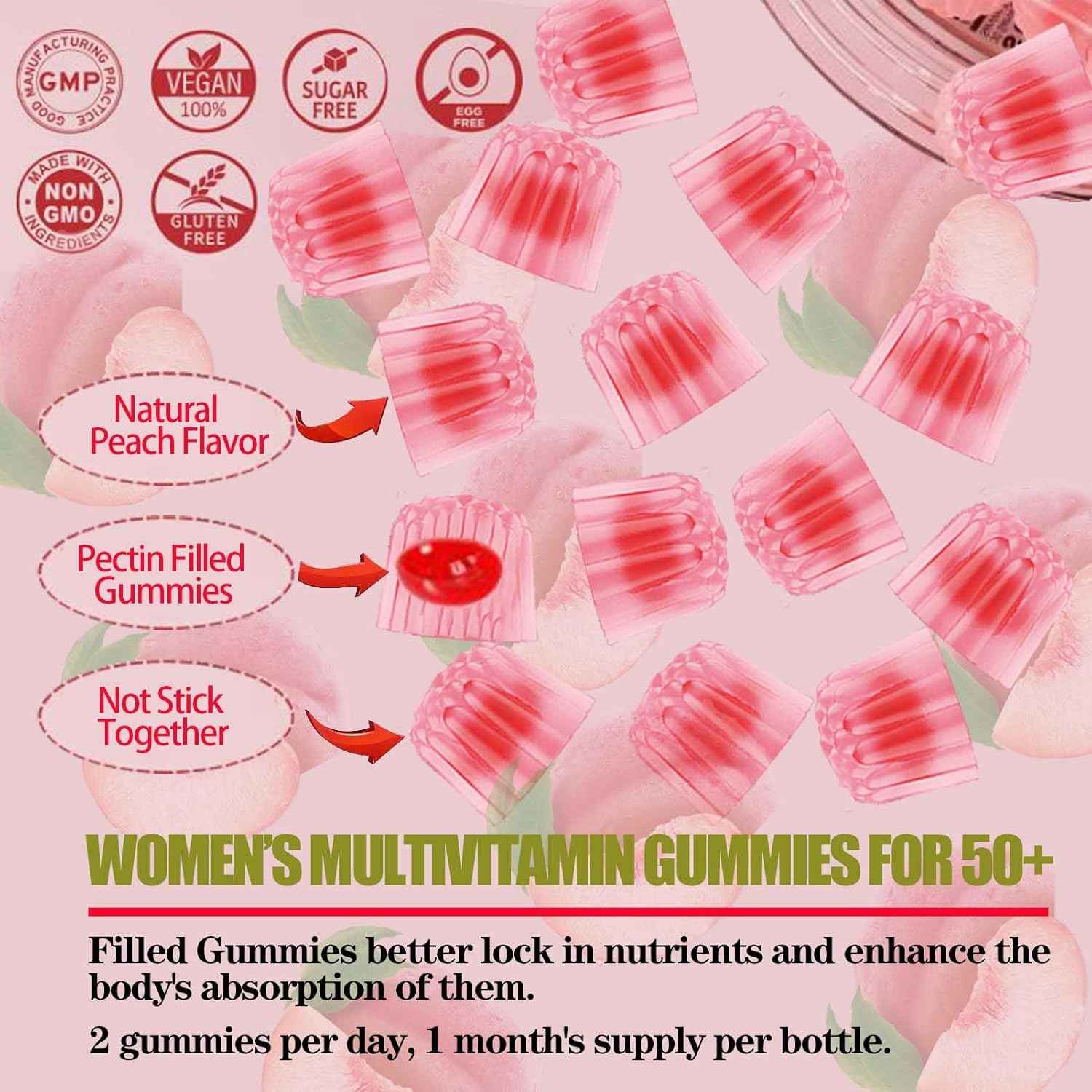 Sugar-Free Womens Multivitamin 50 Plus Gummies with Calcium, Magnesium, Zinc, Vitamin A, C, D3, E, K2, B Complex, Folate, Biotin - Multi Vitamins & Minerals for Skin, Energy, Immune Support