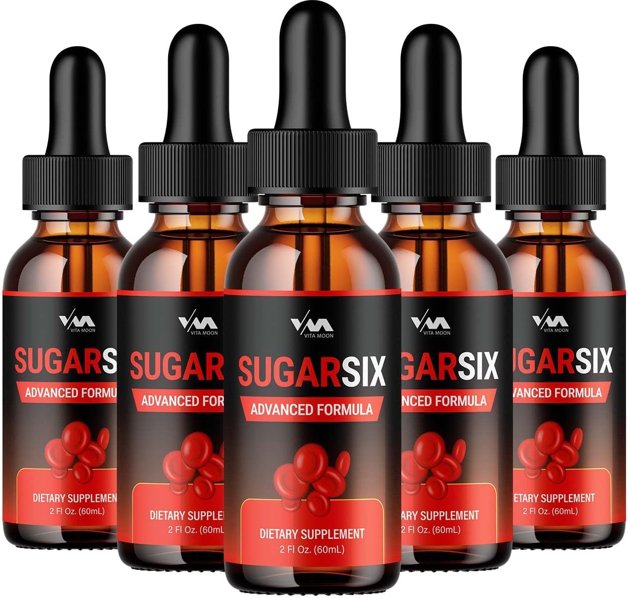 SugarSix Drop Healthy Vitamin Support Supplement - 5 Pack for 24 Hour Energy Boost and Extra Strength Formula - 5 Month Supply of Vitamoon Sugar Six