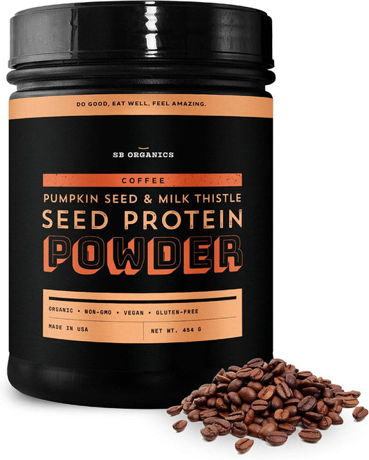 Sun Bay Organics Pumpkin & Milk Thistle Seed Protein Powder - 1lb Canister - Coffee Plant Based Shake Mix - 13g Protein Blend - Vegan, Soy, Dairy, Sugar, Gluten Free