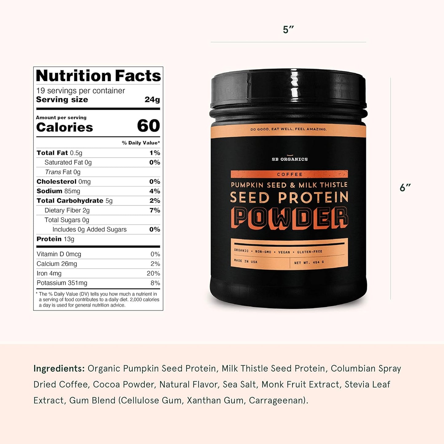 Sun Bay Organics Pumpkin & Milk Thistle Seed Protein Powder - 1lb Canister - Coffee Plant Based Shake Mix - 13g Protein Blend - Vegan, Soy, Dairy, Sugar, Gluten Free