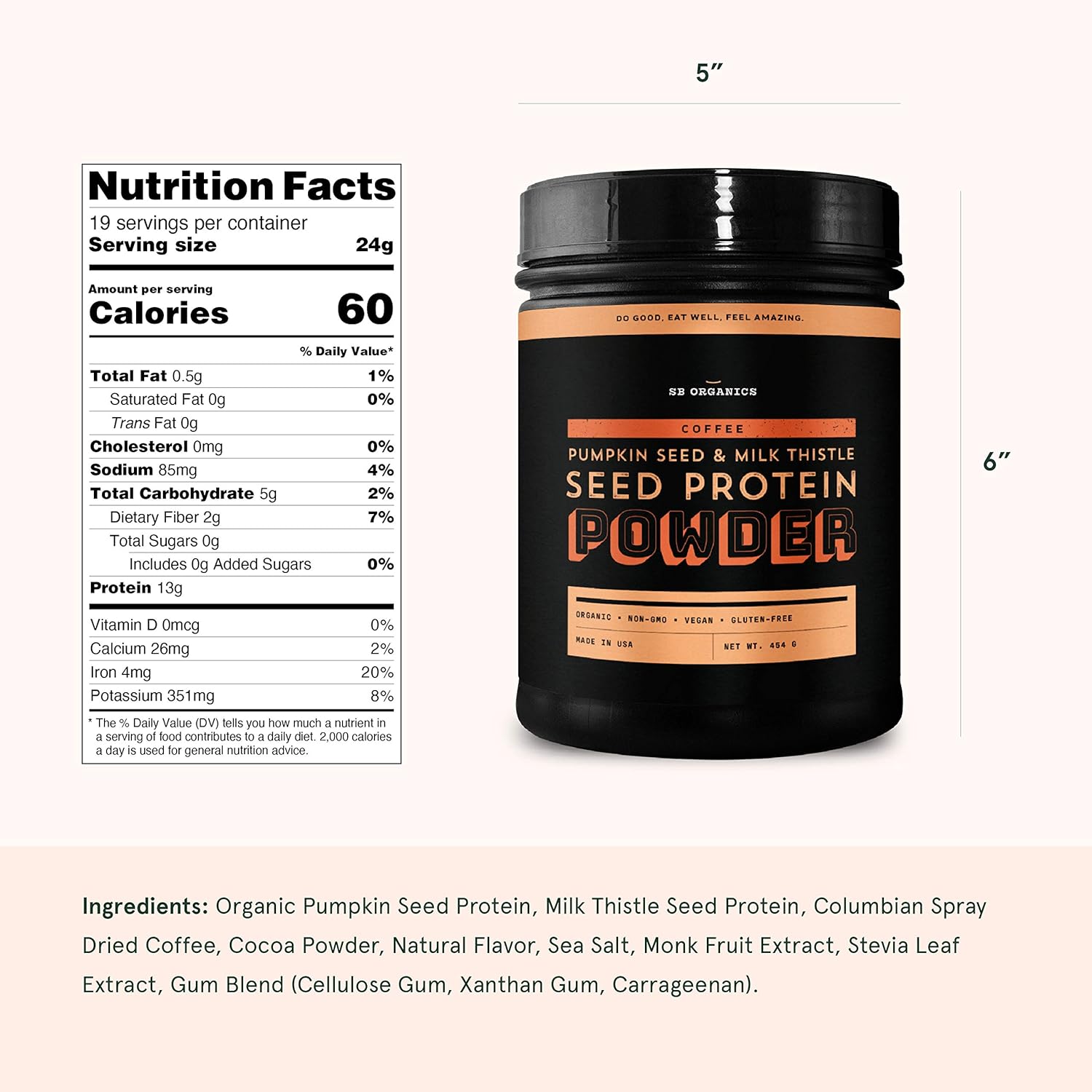Sun Bay Organics Pumpkin & Milk Thistle Seed Protein Powder - 1lb Canister - Coffee Plant Based Shake Mix - 13g Protein Blend - Vegan, Soy, Dairy, Sugar, Gluten Free