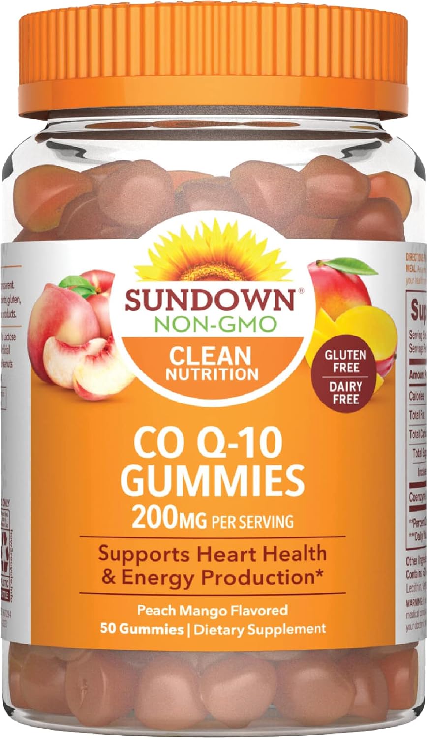 Sundown CoQ10 Gummies 200mg, Peach Mango Flavor, 50 Count, Heart Health Support
