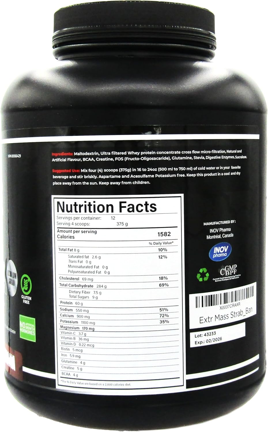 Sunshine Biopharma Extreme Mass Weight Gainer - High Calorie Fortified Whey Protein for Intense Muscle Building Training - 10 lbs (4.54 kg)