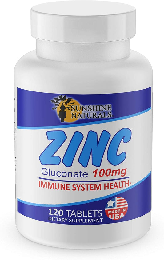 Sunshine Naturals Zinc Gluconate Supplement - Immune Support, Skin Health, Antioxidant Defense - 100mg, 120 Tablets