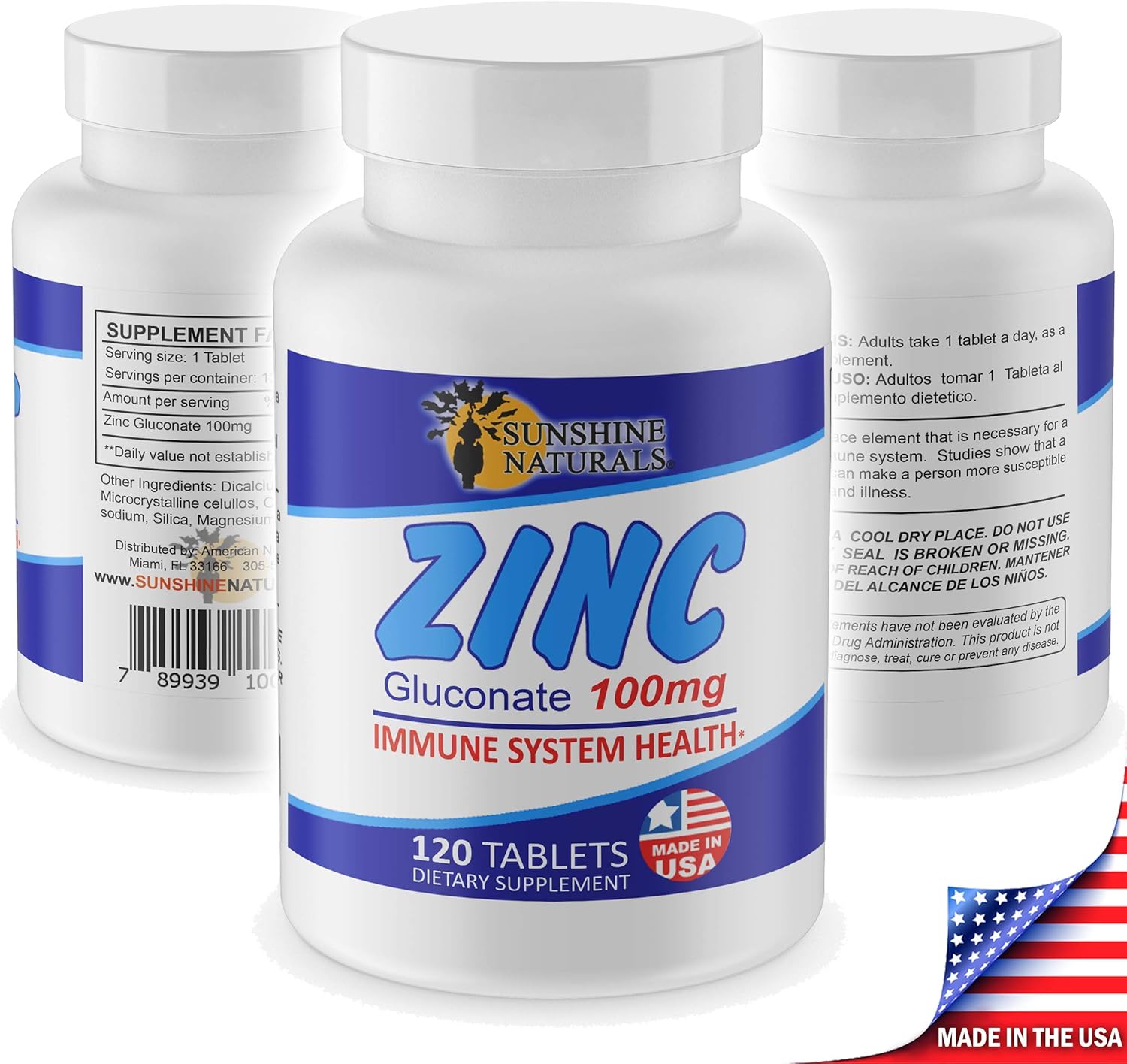 Sunshine Naturals Zinc Gluconate Supplement - Immune Support, Skin Health, Antioxidant Defense - 100mg, 120 Tablets