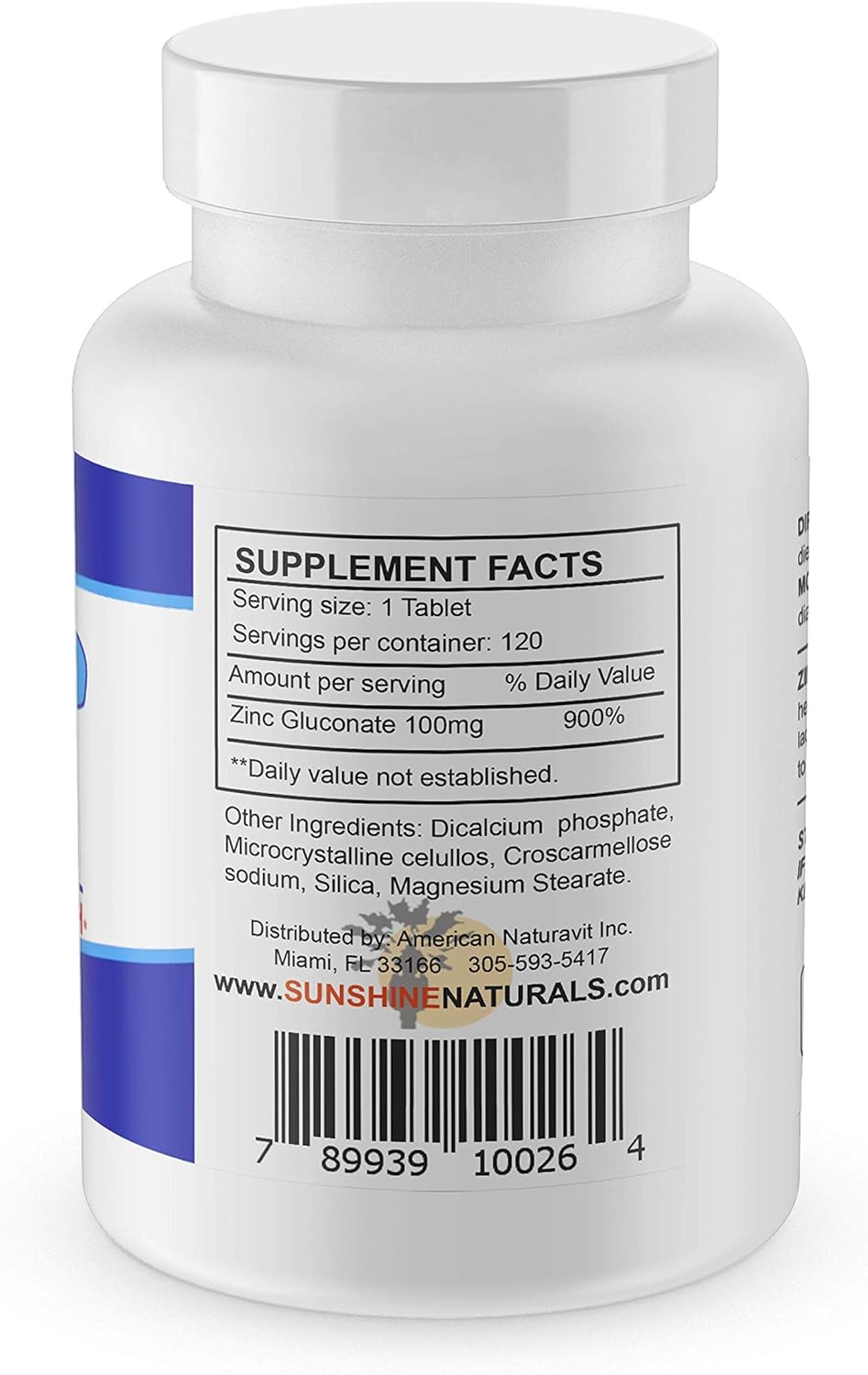 Sunshine Naturals Zinc Gluconate Supplement - Immune Support, Skin Health, Antioxidant Defense - 100mg, 120 Tablets