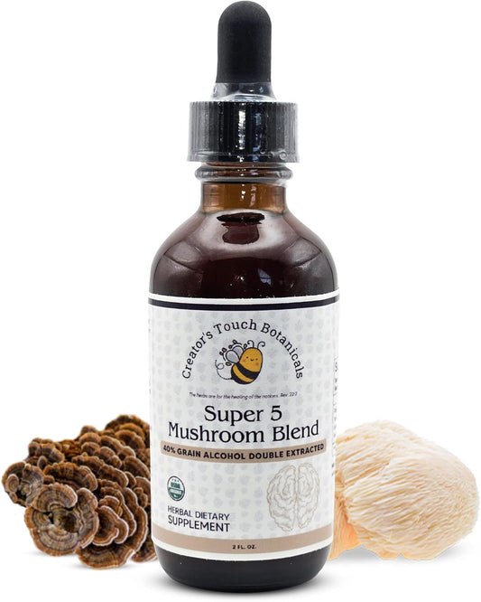 Super 5 Mushroom Blend 2 fl oz for Immune Support with Reishi, Turkey Tail, Lions Mane, Chaga, and Maitake Mushrooms by Creator's Touch Botanicals - Double Extracted, Macerated