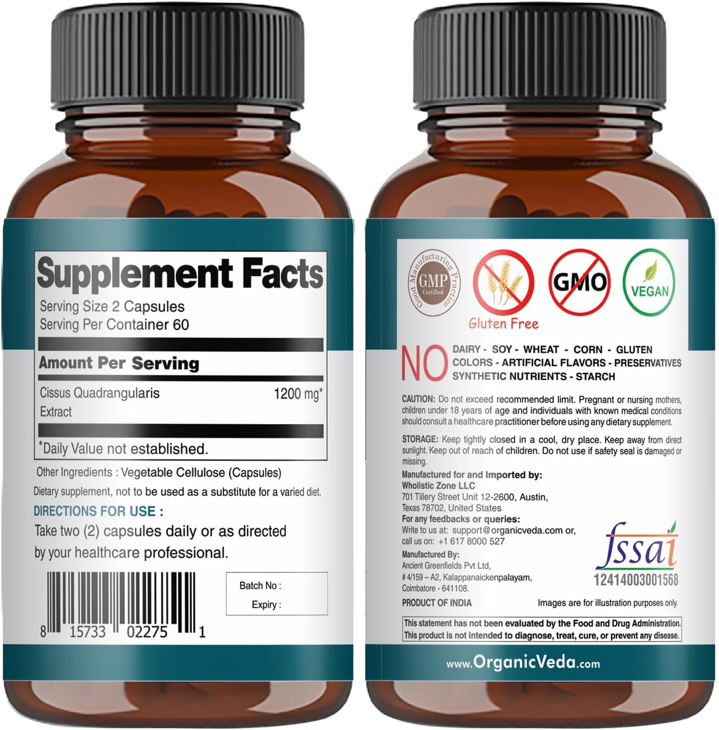 Super Concentrated Organic Veda Cissus Quadrangularis Extract Capsules 1200mg - Joint & Tendon Support Supplement - 120 ct