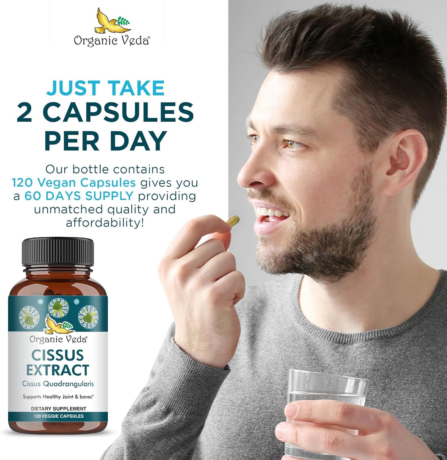 Super Concentrated Organic Veda Cissus Quadrangularis Extract Capsules 1200mg - Joint & Tendon Support Supplement - 120 ct