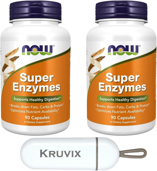 Super Enzymes Supplements with Bromelain, Ox Bile, Pancreatin, Papain - 90 Capsules x 2 + Pill Organizer