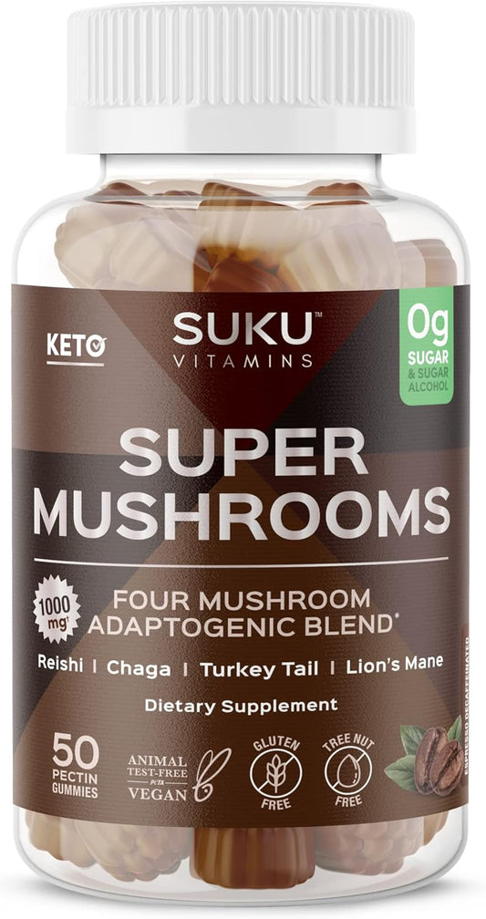 Super Mushroom Gummy Vitamins for Immunity - Reishi, Chaga, Turkey Tail, Lions Mane - Non GMO, Gluten/Sugar Free - Decaf Espresso Flavor - 50 Count