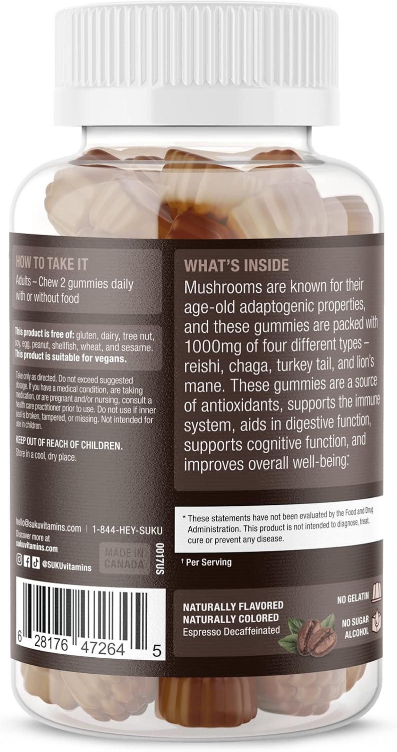 Super Mushroom Gummy Vitamins for Immunity - Reishi, Chaga, Turkey Tail, Lions Mane - Non GMO, Gluten/Sugar Free - Decaf Espresso Flavor - 50 Count