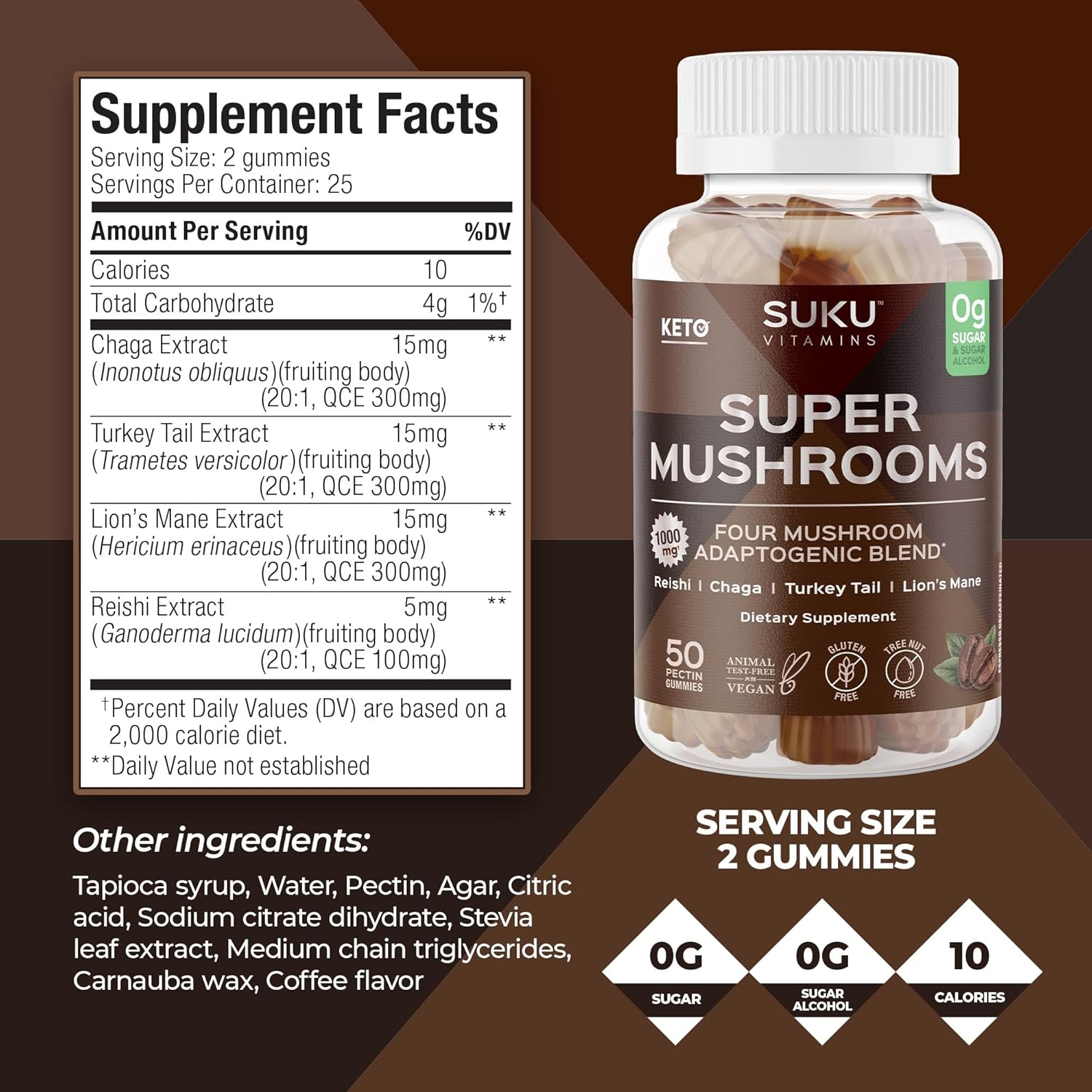 Super Mushroom Gummy Vitamins for Immunity - Reishi, Chaga, Turkey Tail, Lions Mane - Non GMO, Gluten/Sugar Free - Decaf Espresso Flavor - 50 Count