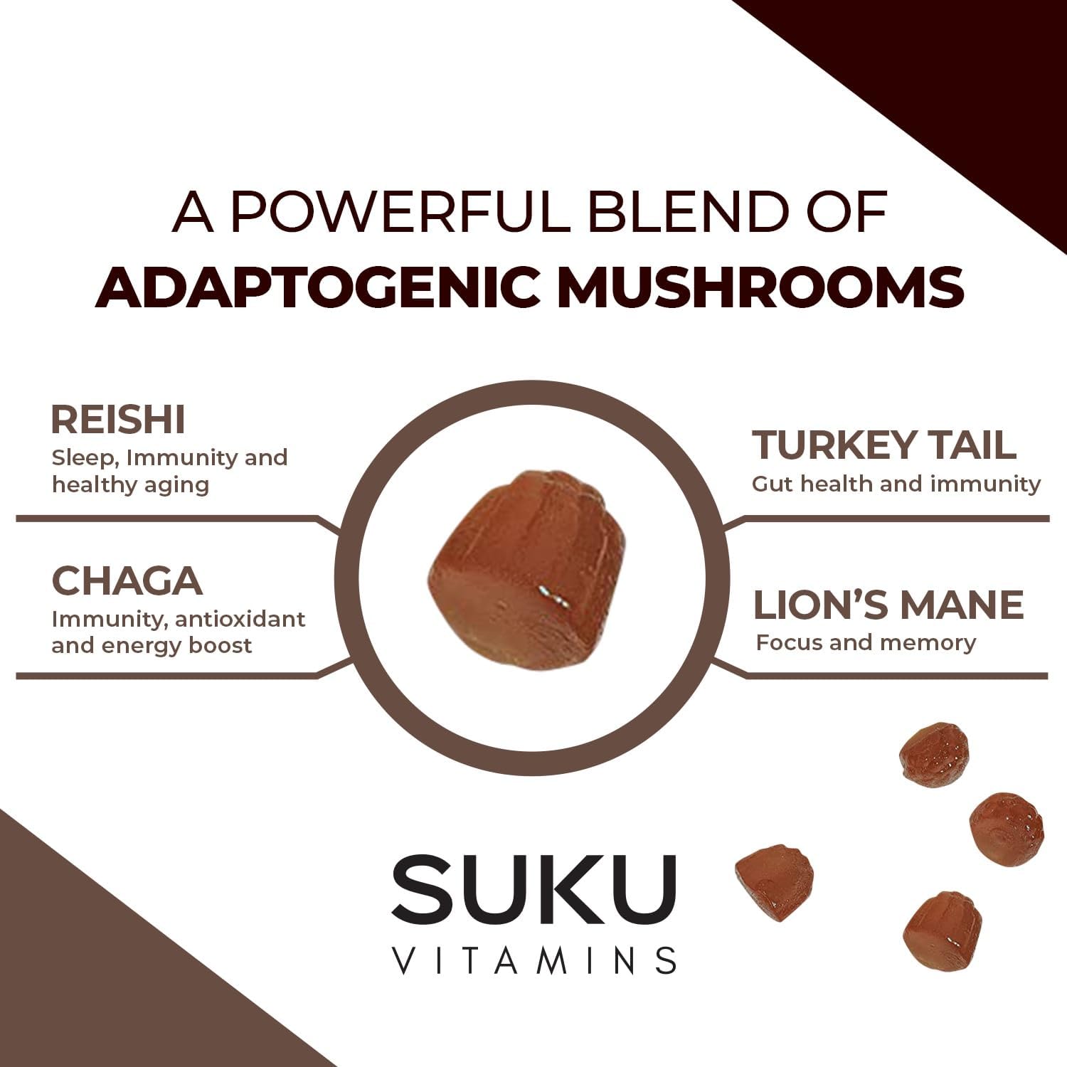 Super Mushroom Gummy Vitamins for Immunity - Reishi, Chaga, Turkey Tail, Lions Mane - Non GMO, Gluten/Sugar Free - Decaf Espresso Flavor - 50 Count