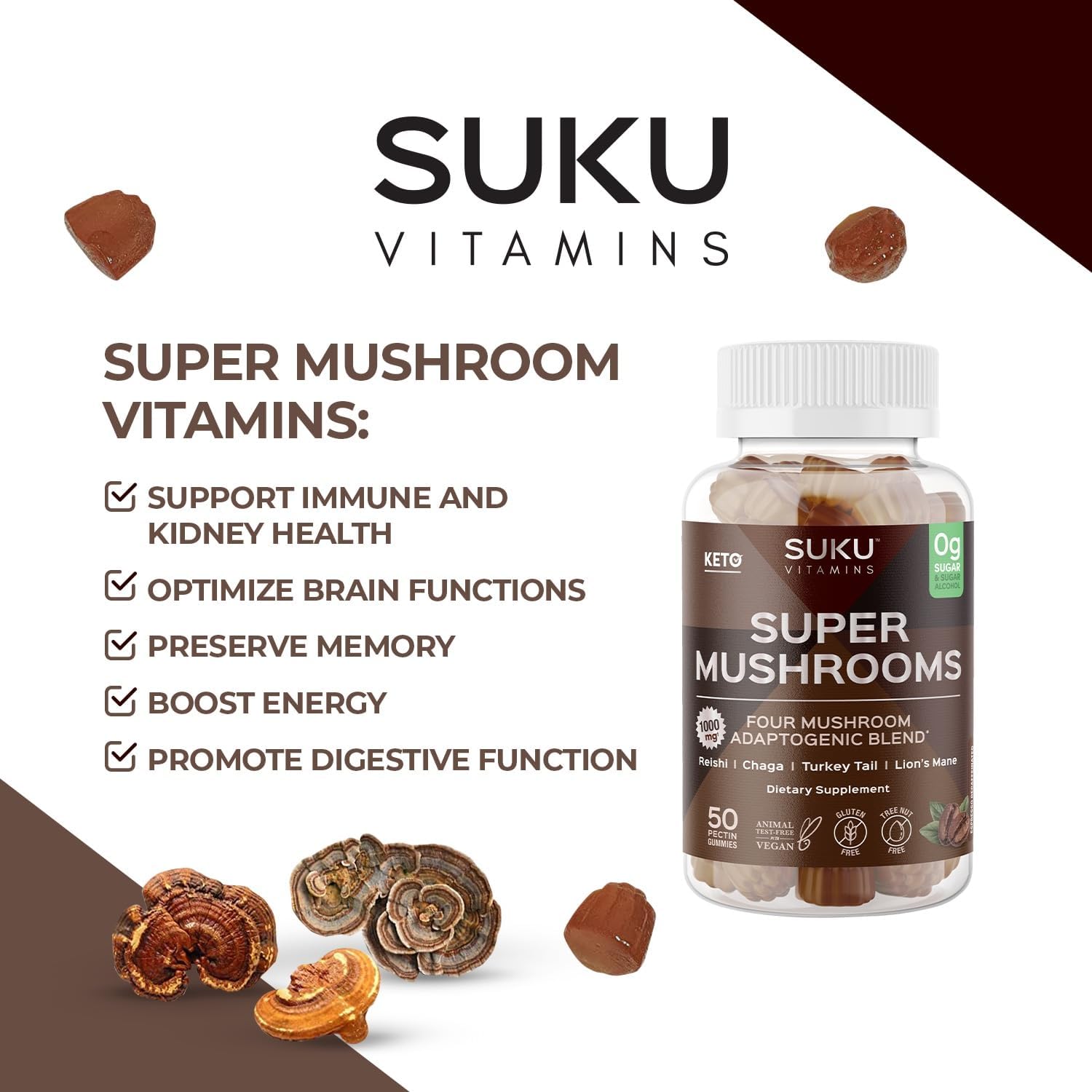 Super Mushroom Gummy Vitamins for Immunity - Reishi, Chaga, Turkey Tail, Lions Mane - Non GMO, Gluten/Sugar Free - Decaf Espresso Flavor - 50 Count