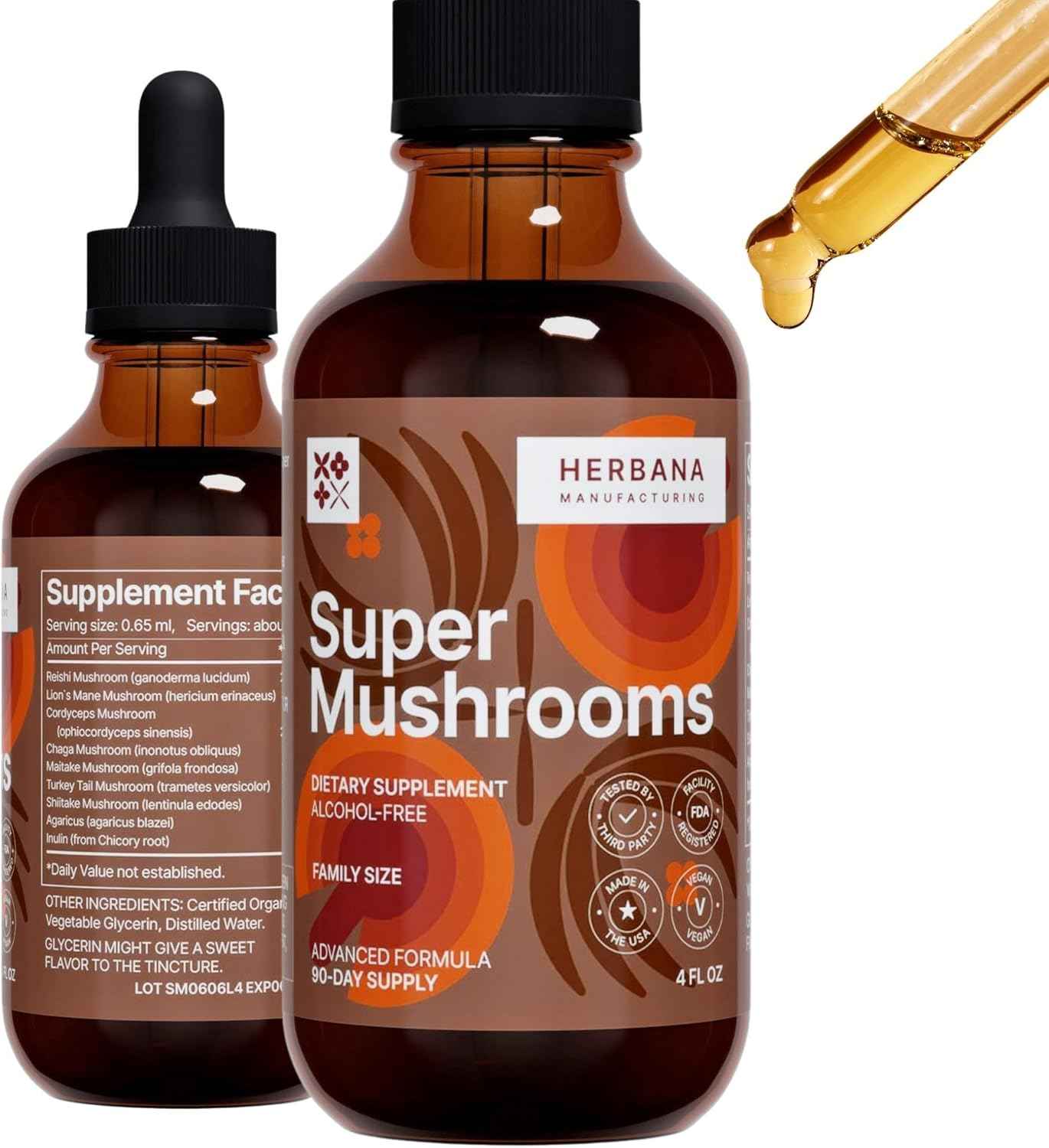 Super Mushrooms 8-in1 - 4 fl oz Liquid Extract - Brain Booster & Immune Support Drops - Reishi, Lion`s Mane, Cordyceps, Chaga, Mitake, Turkey Tails, Shiitake, Agaricus - High Potency - 90-Day Supply
