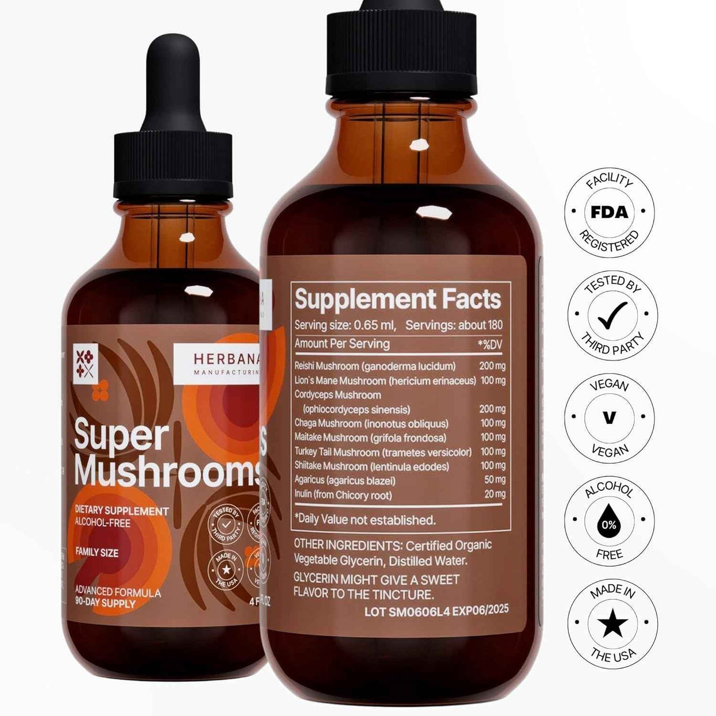 Super Mushrooms 8-in1 - 4 fl oz Liquid Extract - Brain Booster & Immune Support Drops - Reishi, Lion`s Mane, Cordyceps, Chaga, Mitake, Turkey Tails, Shiitake, Agaricus - High Potency - 90-Day Supply
