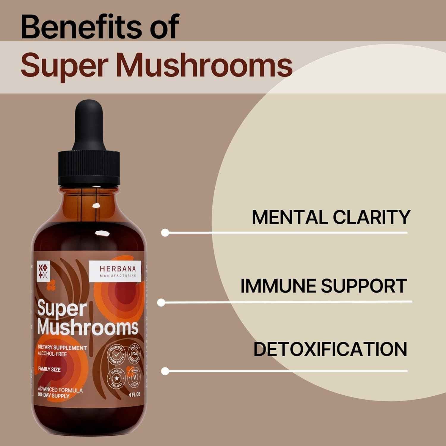 Super Mushrooms 8-in1 - 4 fl oz Liquid Extract - Brain Booster & Immune Support Drops - Reishi, Lion`s Mane, Cordyceps, Chaga, Mitake, Turkey Tails, Shiitake, Agaricus - High Potency - 90-Day Supply