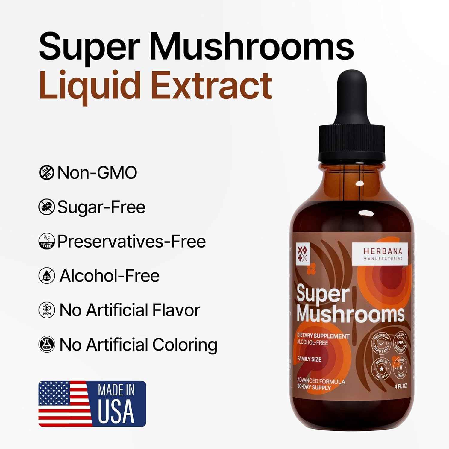 Super Mushrooms 8-in1 - 4 fl oz Liquid Extract - Brain Booster & Immune Support Drops - Reishi, Lion`s Mane, Cordyceps, Chaga, Mitake, Turkey Tails, Shiitake, Agaricus - High Potency - 90-Day Supply