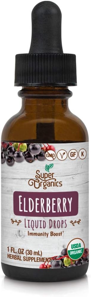 Super Organics Elderberry Liquid Drops - 1 Fl Oz | Organic, Non-GMO, Gluten Free, Kosher, Vegan