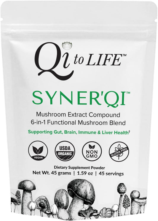 Superfood Mushroom Supplement Powder with Lion’s Mane, Turkey Tail, Reishi & More - Syner'Qi Mushroom Extract Powder - 45 Servings - 1.59 oz