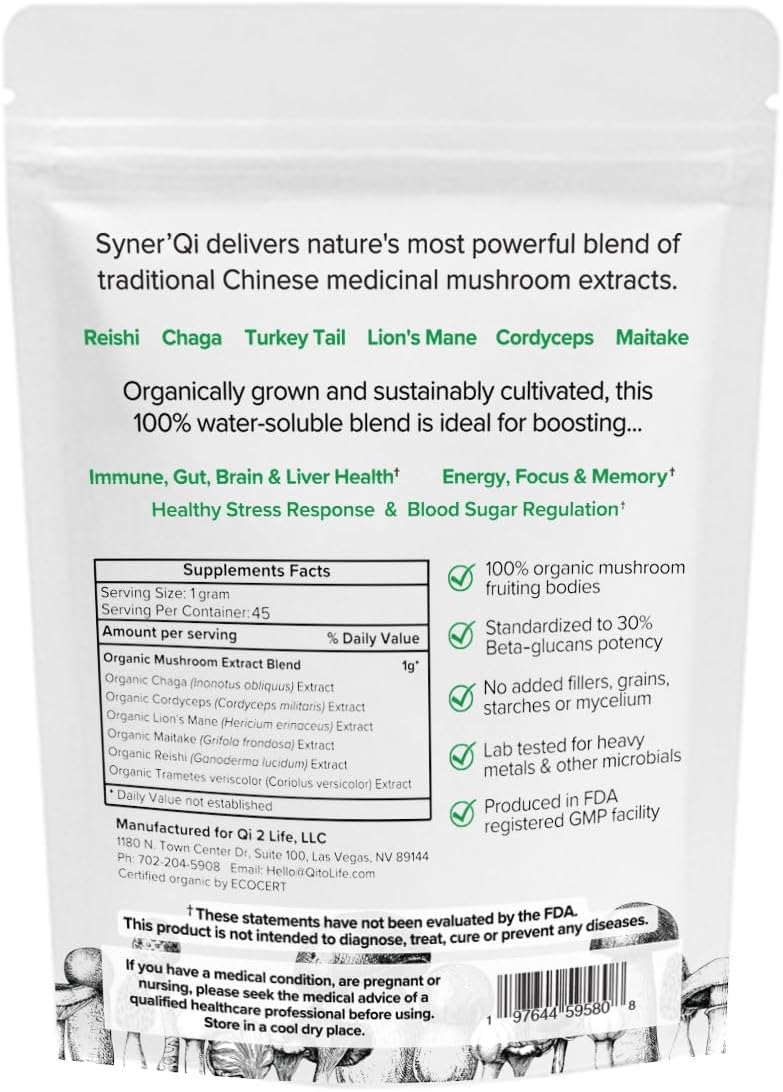 Superfood Mushroom Supplement Powder with Lion’s Mane, Turkey Tail, Reishi & More - Syner'Qi Mushroom Extract Powder - 45 Servings - 1.59 oz