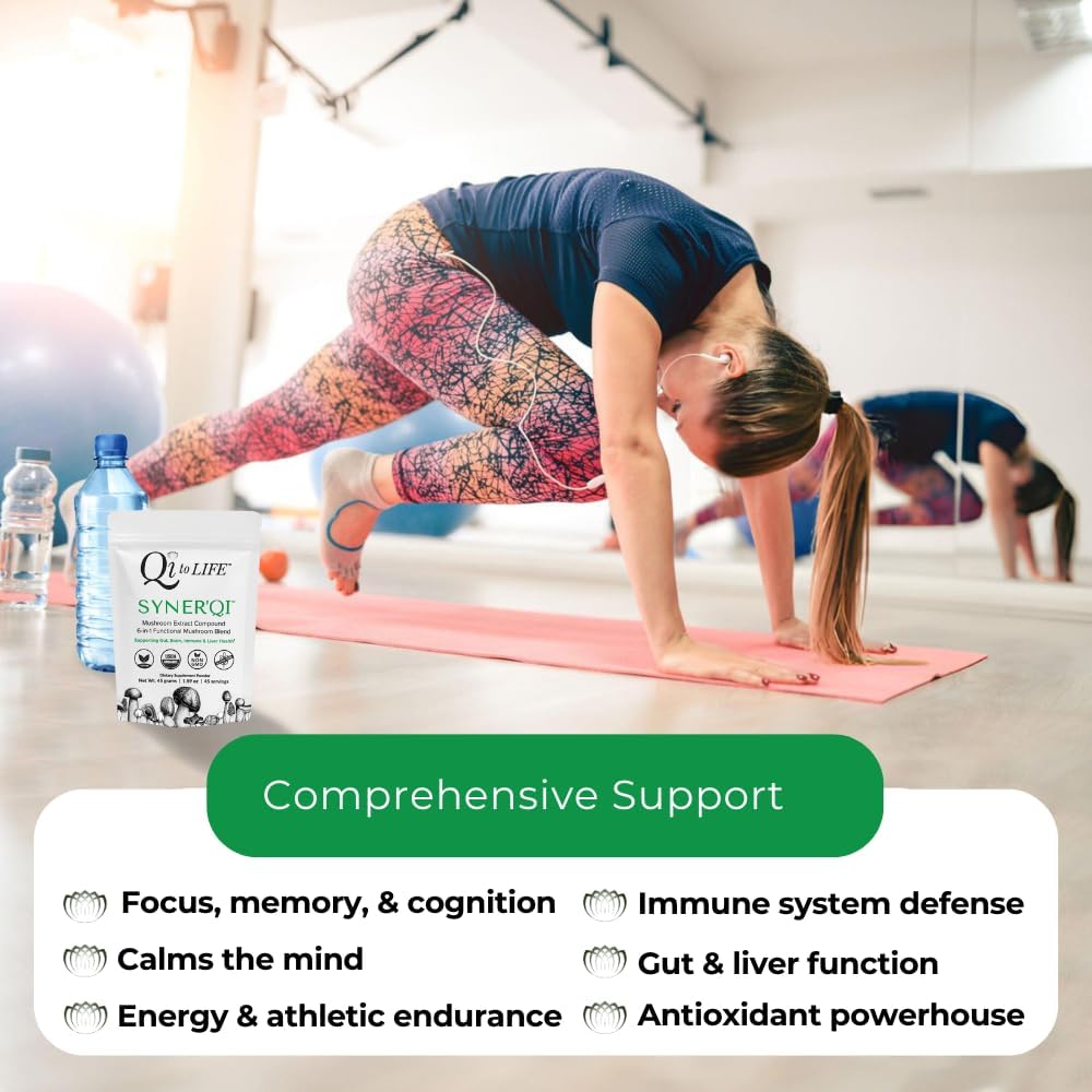 Superfood Mushroom Supplement Powder with Lion’s Mane, Turkey Tail, Reishi & More - Syner'Qi Mushroom Extract Powder - 45 Servings - 1.59 oz