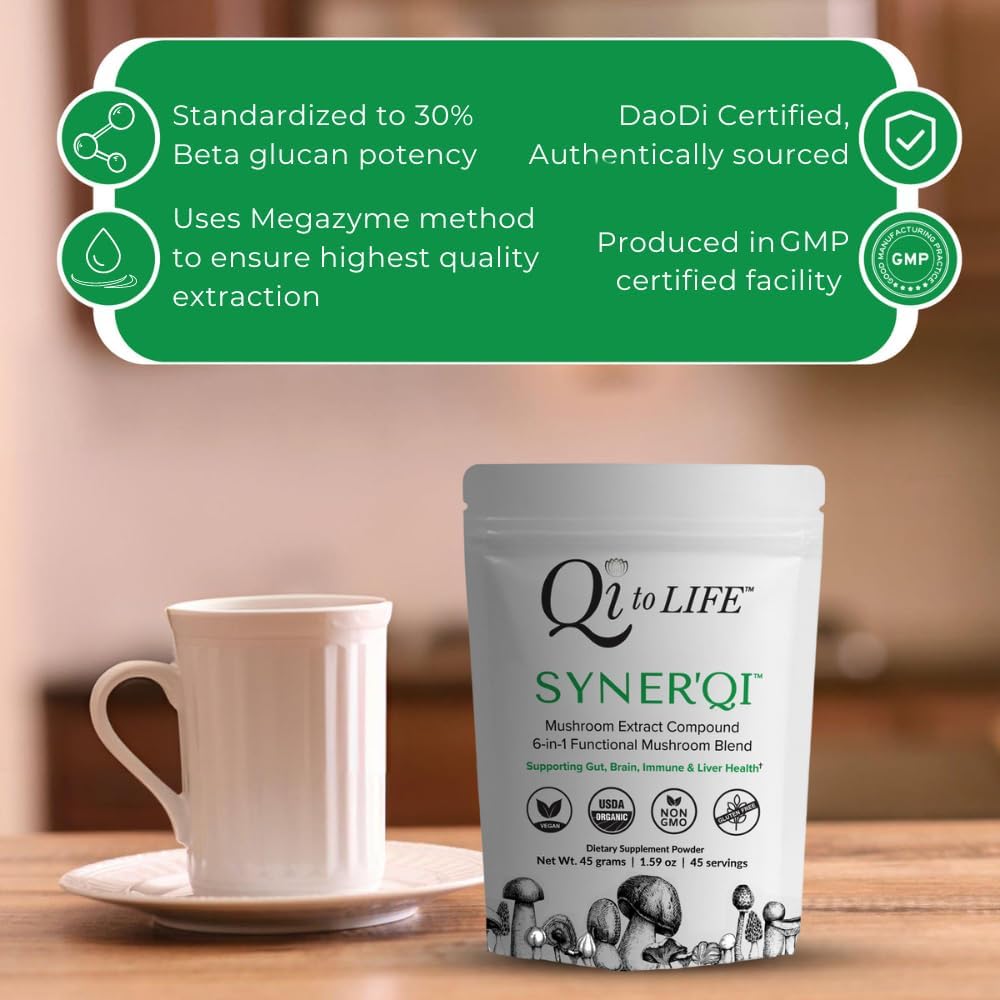Superfood Mushroom Supplement Powder with Lion’s Mane, Turkey Tail, Reishi & More - Syner'Qi Mushroom Extract Powder - 45 Servings - 1.59 oz