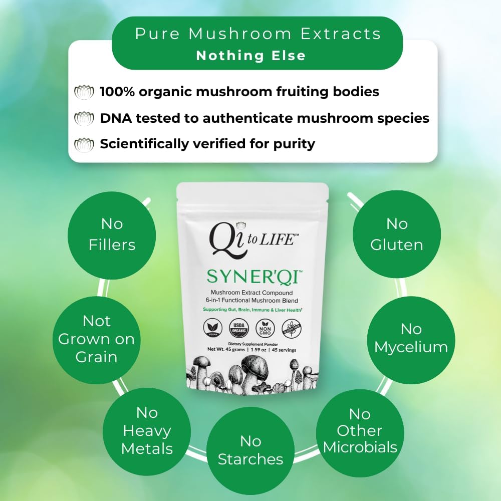 Superfood Mushroom Supplement Powder with Lion’s Mane, Turkey Tail, Reishi & More - Syner'Qi Mushroom Extract Powder - 45 Servings - 1.59 oz