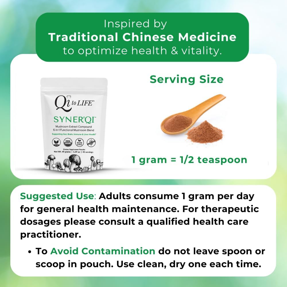Superfood Mushroom Supplement Powder with Lion’s Mane, Turkey Tail, Reishi & More - Syner'Qi Mushroom Extract Powder - 45 Servings - 1.59 oz