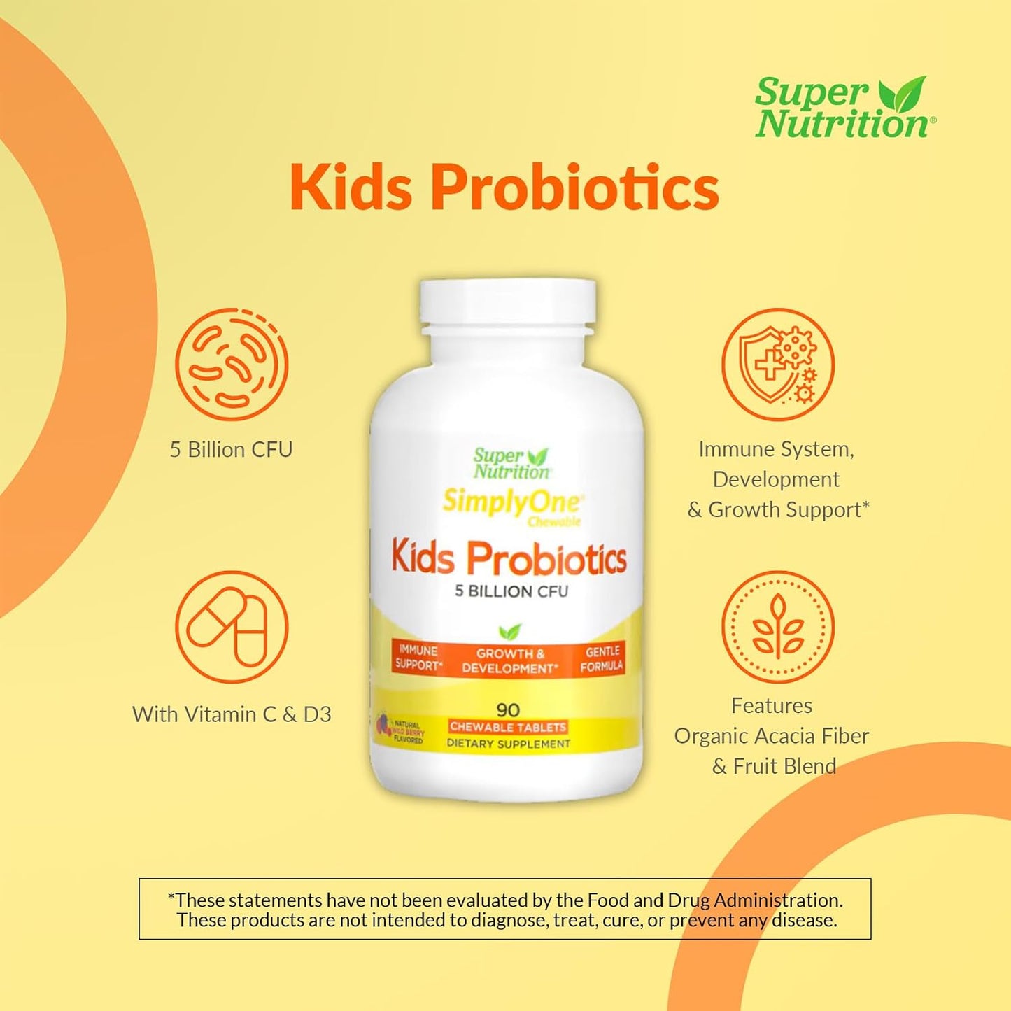 SuperNutrition Kids Probiotics, Wild Berry Flavor, 5 Billion CFU, 90 Chewable Tablets - Support Children's Gut Health with Probiotic Formula