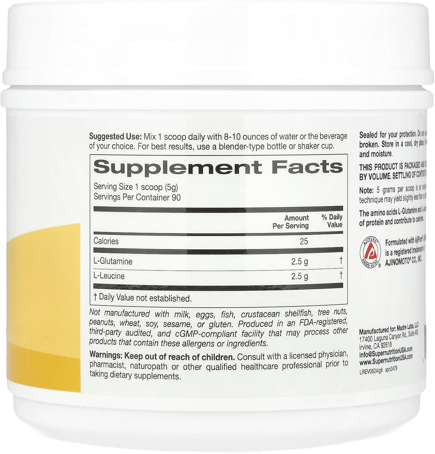 SuperNutrition L-Glutamine and L-Leucine Powder, Unflavored, 450g (15.87 oz)