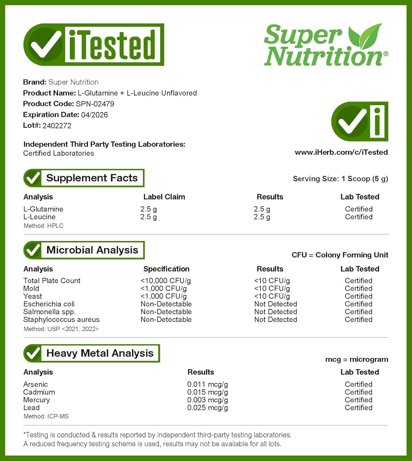 SuperNutrition L-Glutamine and L-Leucine Powder, Unflavored, 450g (15.87 oz)