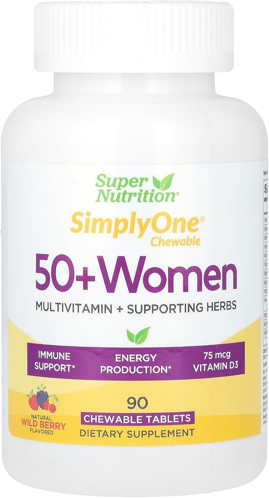 SuperNutrition SimplyOne Women's 50+ Multi-Vitamin Chewable Tablets - High-Potency Daily Supplement - Wild Berry Flavor - 90 Count