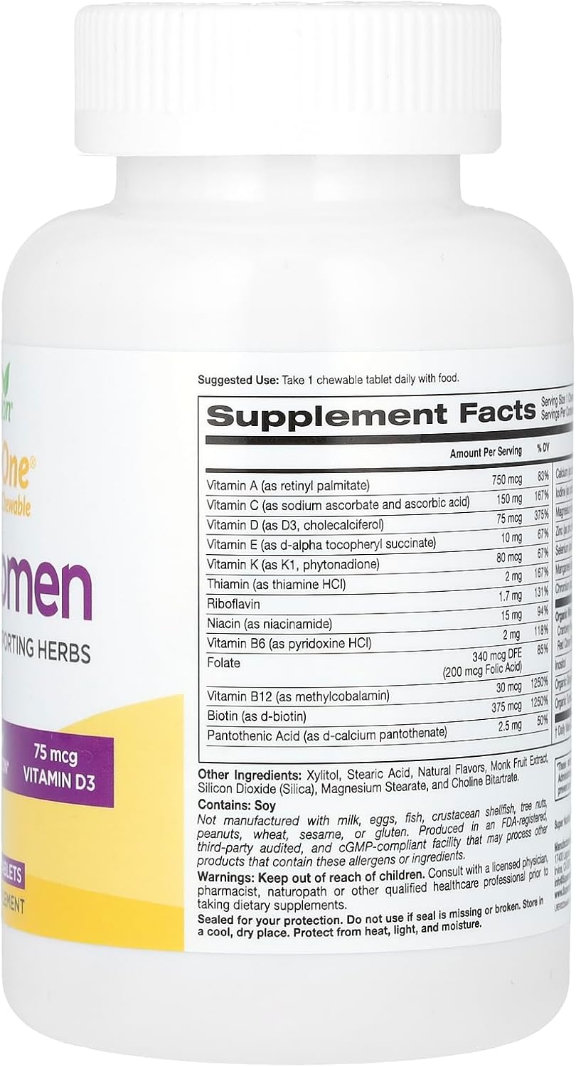 SuperNutrition SimplyOne Women's 50+ Multi-Vitamin Chewable Tablets - High-Potency Daily Supplement - Wild Berry Flavor - 90 Count