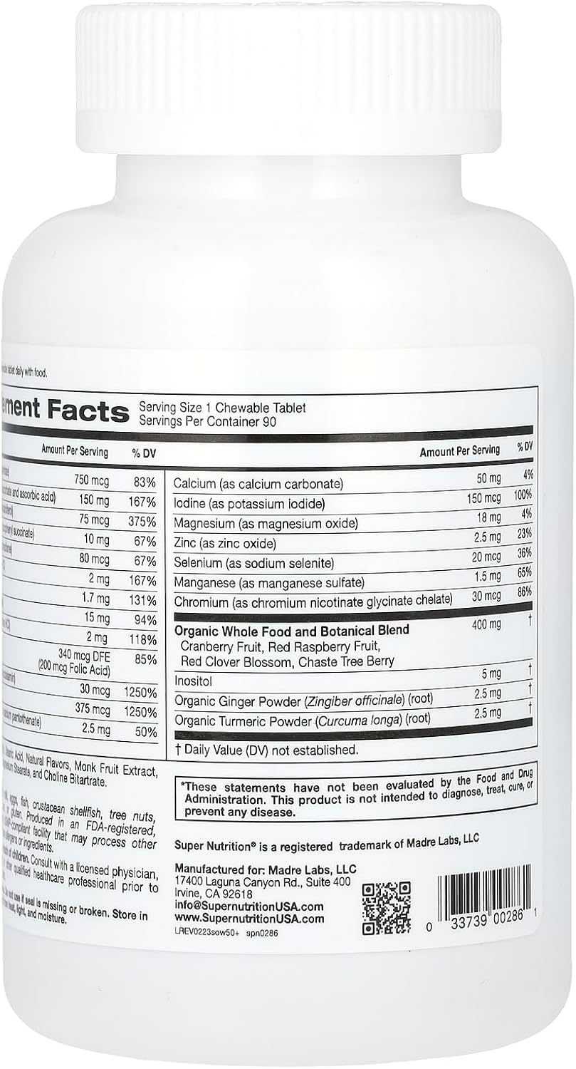 SuperNutrition SimplyOne Women's 50+ Multi-Vitamin Chewable Tablets - High-Potency Daily Supplement - Wild Berry Flavor - 90 Count