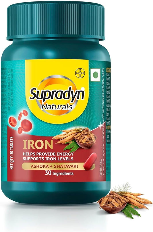 Supra.dyn Naturals Iron Tablets - 3X Iron, Ashoka, Shatavari, Zinc, Vitamin C, Folic Acid - Supports Blood Health and Energy - 30 Vital Nutrients - Vegetarian - 30 Tablets
