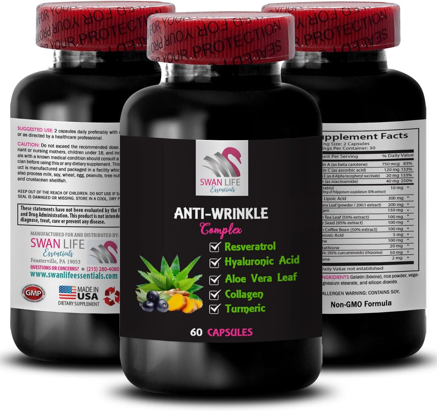 SWAN LIFE ESSENTIALS Anti-Wrinkle Complex - Grape Seed Power, Glycine Benefits - Hydration Solution with Natural Ingredients - 60 Capsules