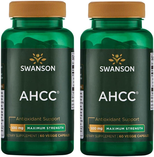 Swanson AHCC Maximum Strength Supplement for Immune Support - 60 Veggie Capsules x 500mg (2 Pack) - Natural Aid for NK Cells & Liver