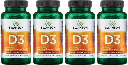 Swanson High-Potency Vitamin D-3 2000 IU - Bone & Immune Support - 250 Capsules x 4 Pack