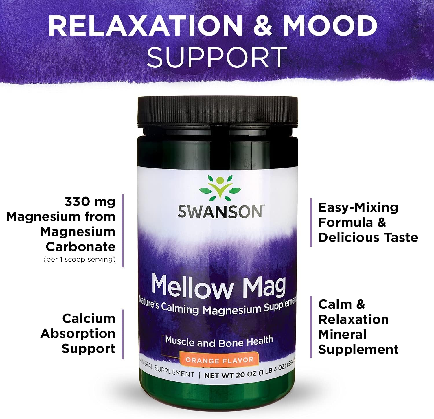 Swanson Orange Mellow Magnesium Drink Powder - Bone & Muscle Support Supplement, Vegan, Non-GMO, Sugar Free - 4 Pack, 330 mg
