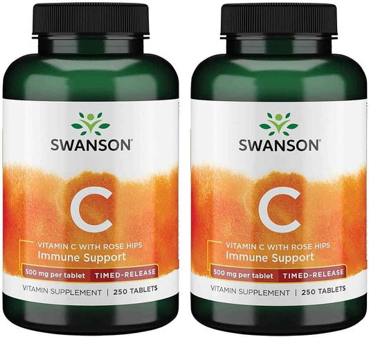 Swanson Timed-Release Vitamin C with Rose HIPS Immune System Support Skin Cardiovascular Health Antioxidant Supplement 500 mg 250 Tablets (Tabs) (2 Pack)