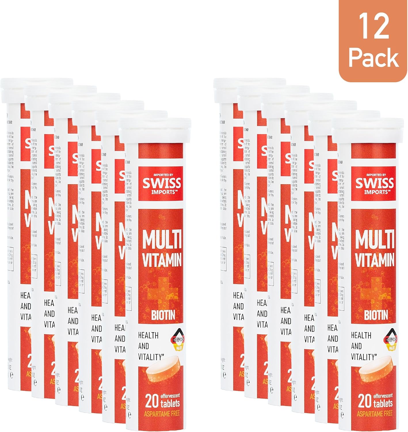 Swiss Imports Effervescent Multivitamins + Biotin 12-Pack for Wellness and Vitality, 240 Tablets with Vitamins C, E, B1, B2, B6, B12, A, D3